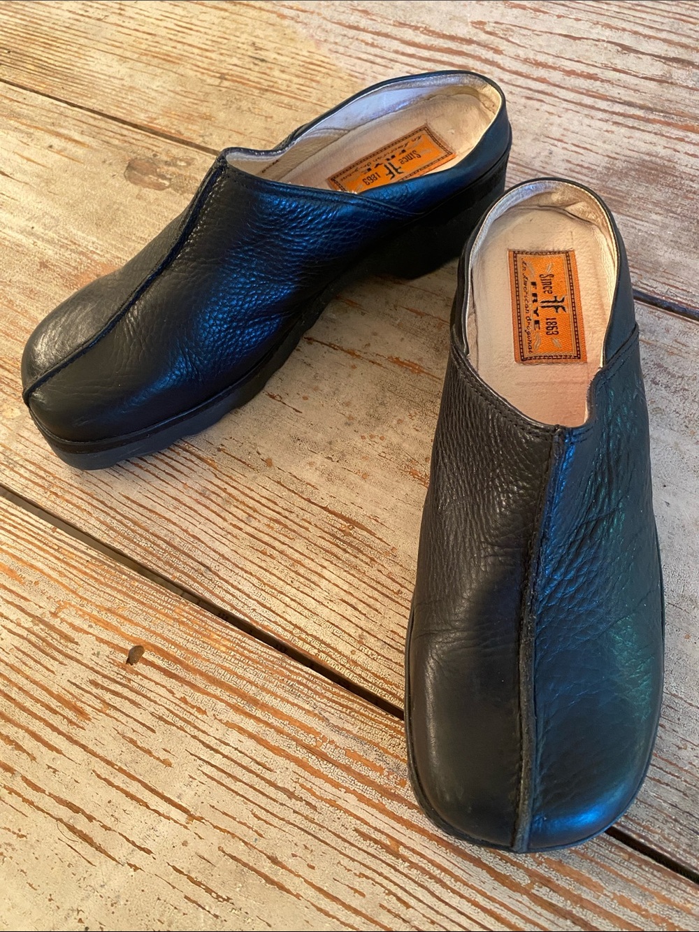 Frye Black Leather Slip-On Clogs